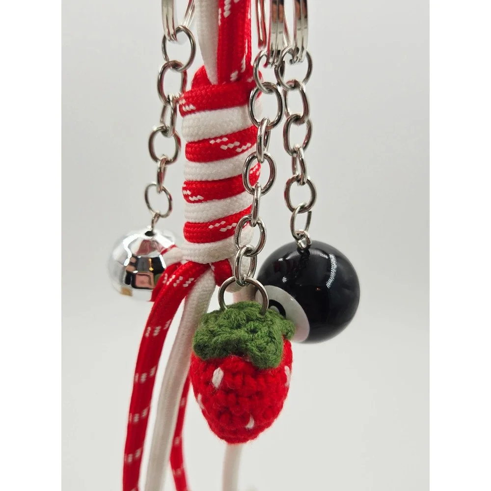 8 Ball Strawberry Disco Ball Heart Carabiner Bag Charm Keychain Red White
